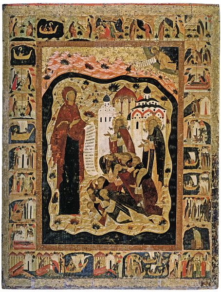 Моление св. Савватия и Зосимы Соловецких Божьей Матери, с житием преподобных (Новогородская)  