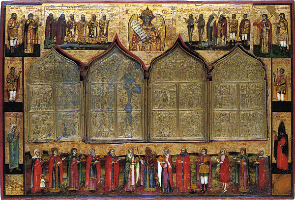 Спас «Благое молчание» с праздниками и избранными святыми (с врезным четырехстворчатым складнем)