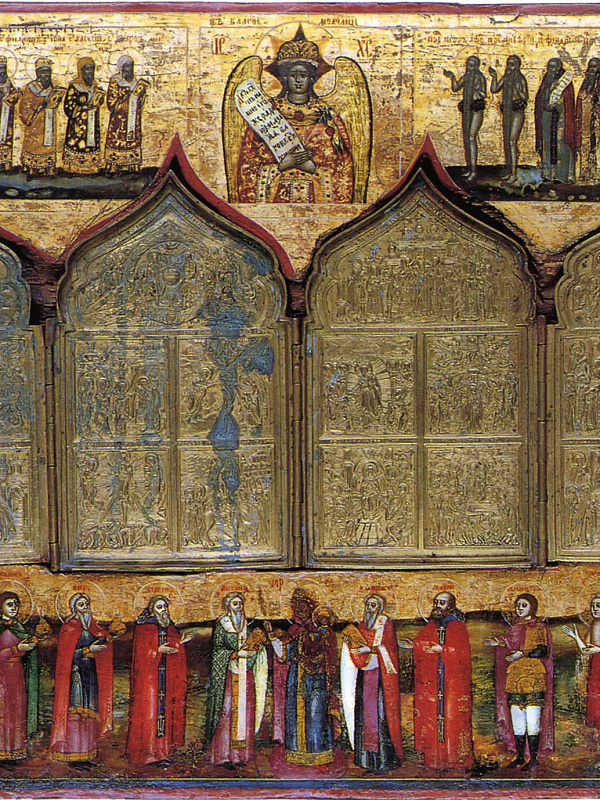 Спас «Благое молчание» с праздниками и избранными святыми (с врезным четырехстворчатым складнем)