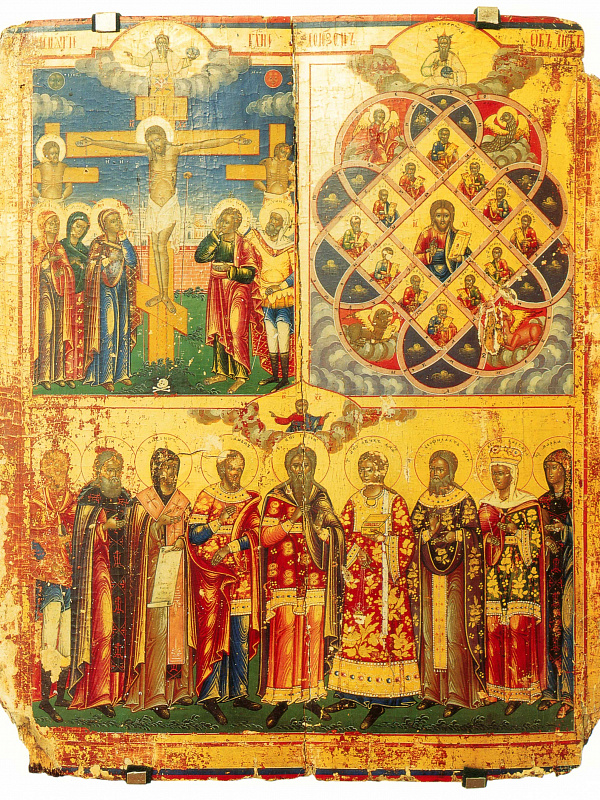 Трехчастная икона. Распятие с предстоящими, Союзом любви связуемы апостолы, Избранные святые