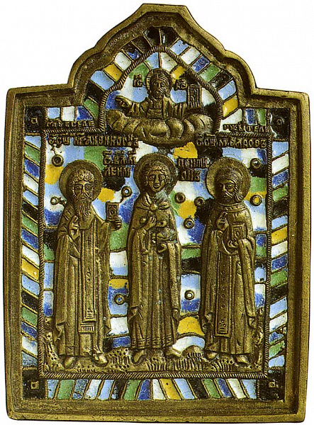 Пантелеимон Целитель со свмч. Афиногеном и Садоком, литая икона 