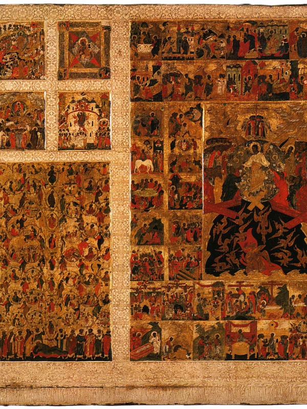 Древо Иессеево на иконе Воскресение и сошествие во ад, с клеймами сцен земной жизни Христа и праздниками