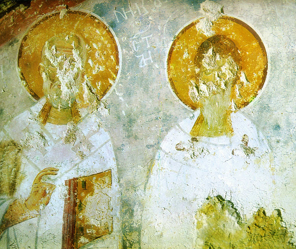 Св. Спиридон Тримифунтский и Николай Мирликийский (фреска) 