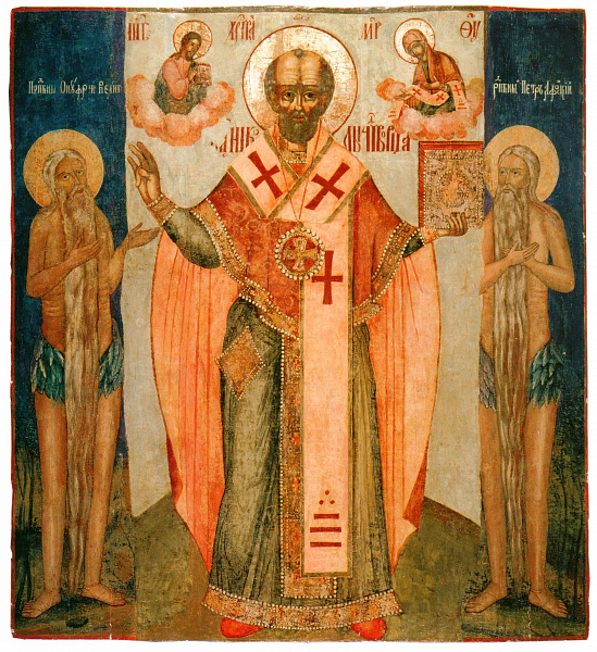 Святитель Николай Чудотворец, с преподобными Онуфрием Великим и Петром Афонским  