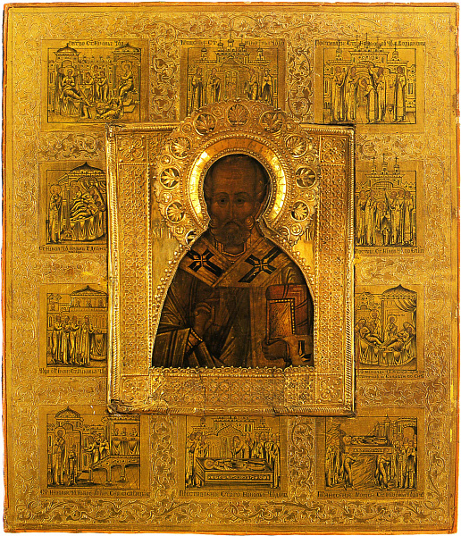 Святой Николай Чудотворец, с житием, в окладе (Палех)  