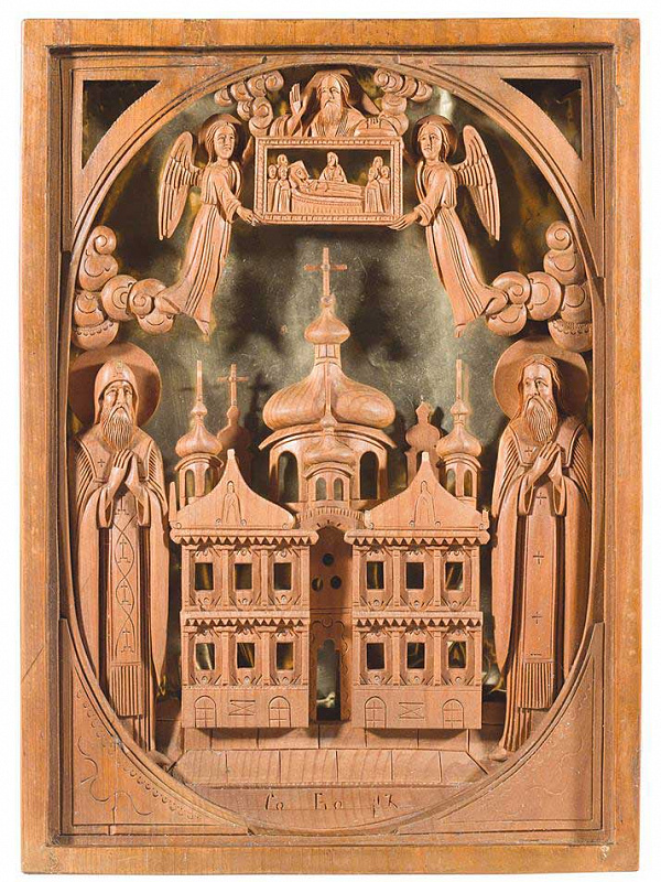 Прпдб. Антоний и Феодосий Печерские с видом Успенского собора монастыря  