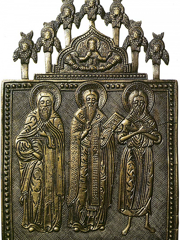 Святой Харлампий с преподобными Иоанном Дамаскиным и Алексием Человеком Божьим (литьё)  