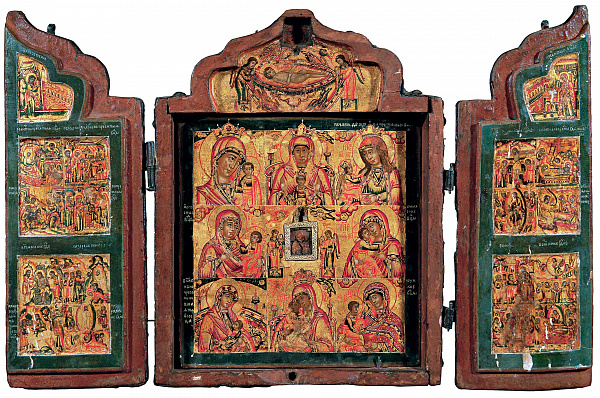 Складень-кузов с нагрудной иконой Богоматери Одигитрии, восемью образами Богоматери и праздниками