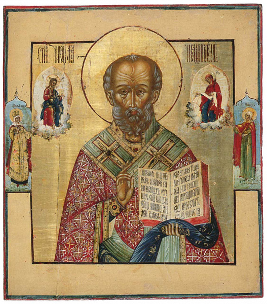 Николай Чудотворец, с предстоящими святыми женами на полях  