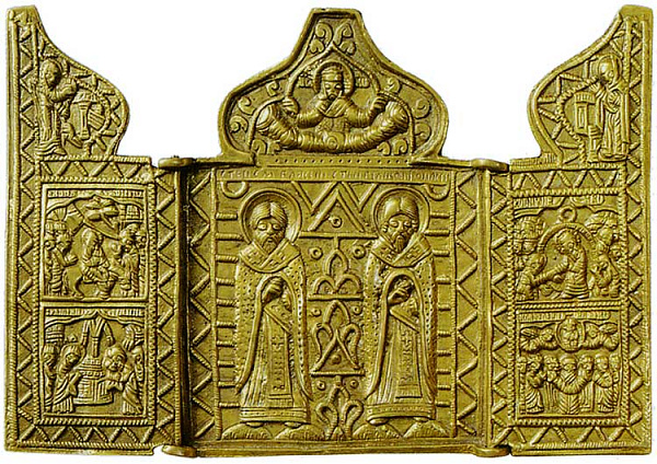 Св. Власий Севастийский и Афанасий Великий, с избранными праздниками (литой складень-триптих)