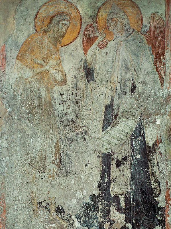 Преподобный Пахомий Великий и ангел, фреска 