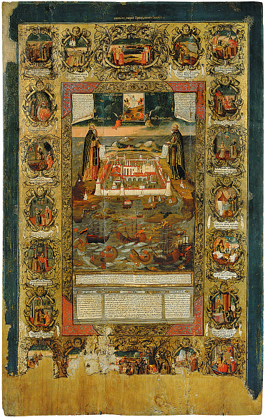 Преподобные Савватий и Зосима Соловецкие, с видом монастыря и житием  