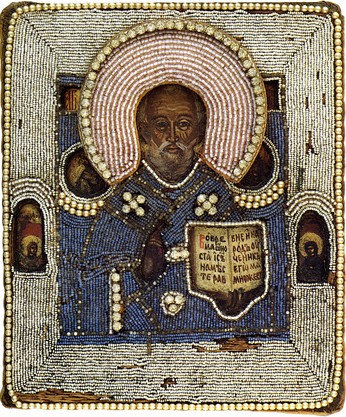 Николай Чудотворец, со святыми на полях (в вышитом окладе)  