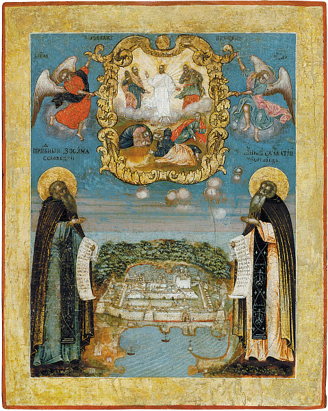 Прпдб. Савватий и Зосима Соловецкие, с видом монастыря (Архангельская)  