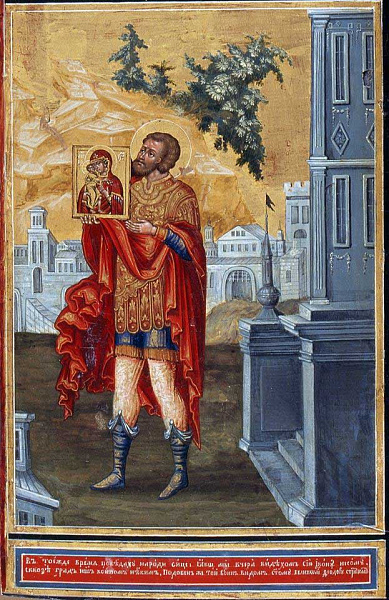 Феодор Стратилат с Феодоровской иконой Божьей Матери 