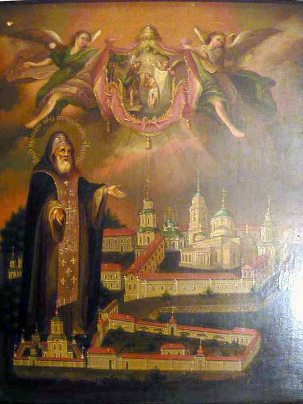 Преподобный Нил Столбенский, с видом Богоявленского монастыря  